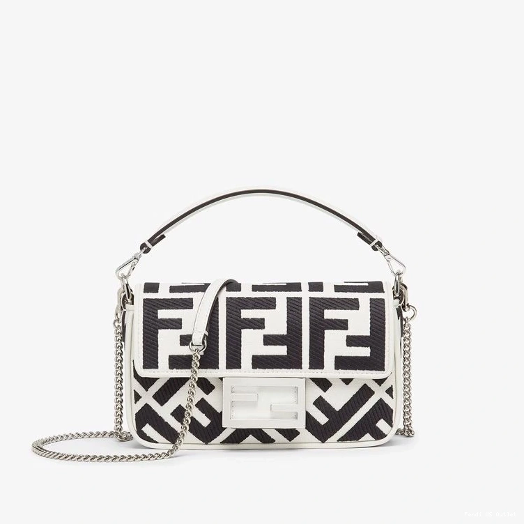 Affordable HOT Mini Bag FF Motif Baguette Black White In Canvas Fendi 0804